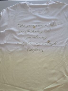 White Short Sleeve Graphic Tee with Script and Ribbon Details